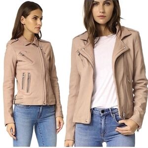 Amaryllis Pale Pink/Camel Leather Bomber Jacket Size Small